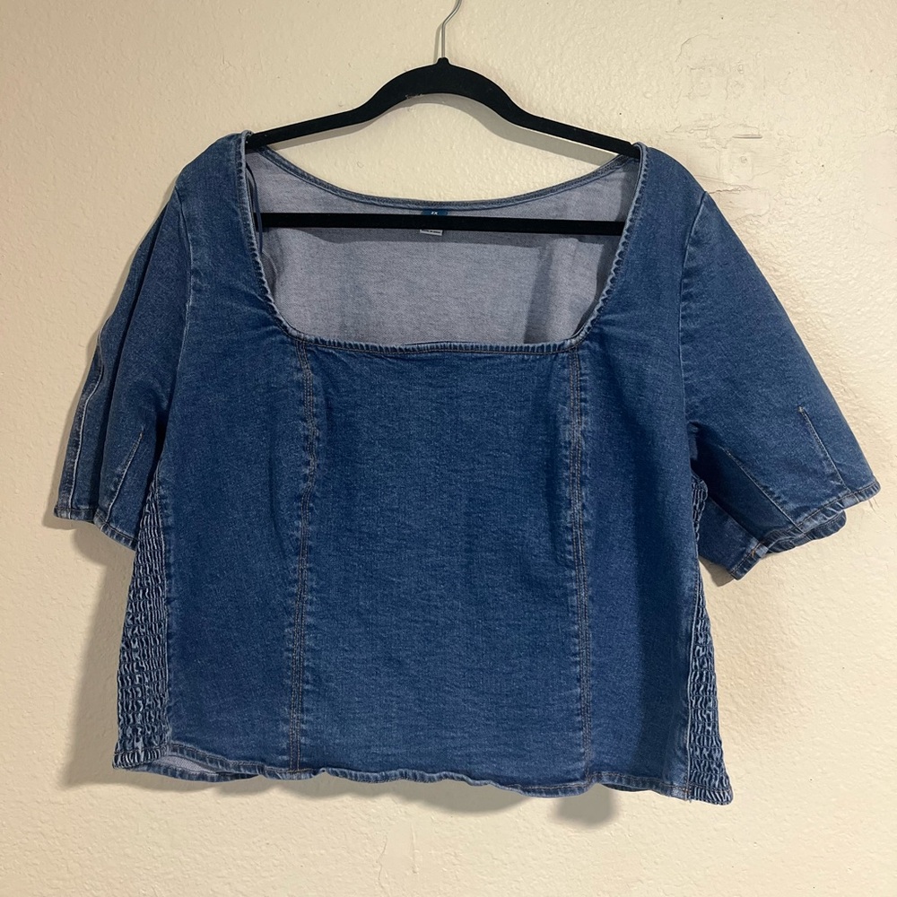 Old Navy: Denim Crop Square-Neck Short Sleeve Tunic - Blue